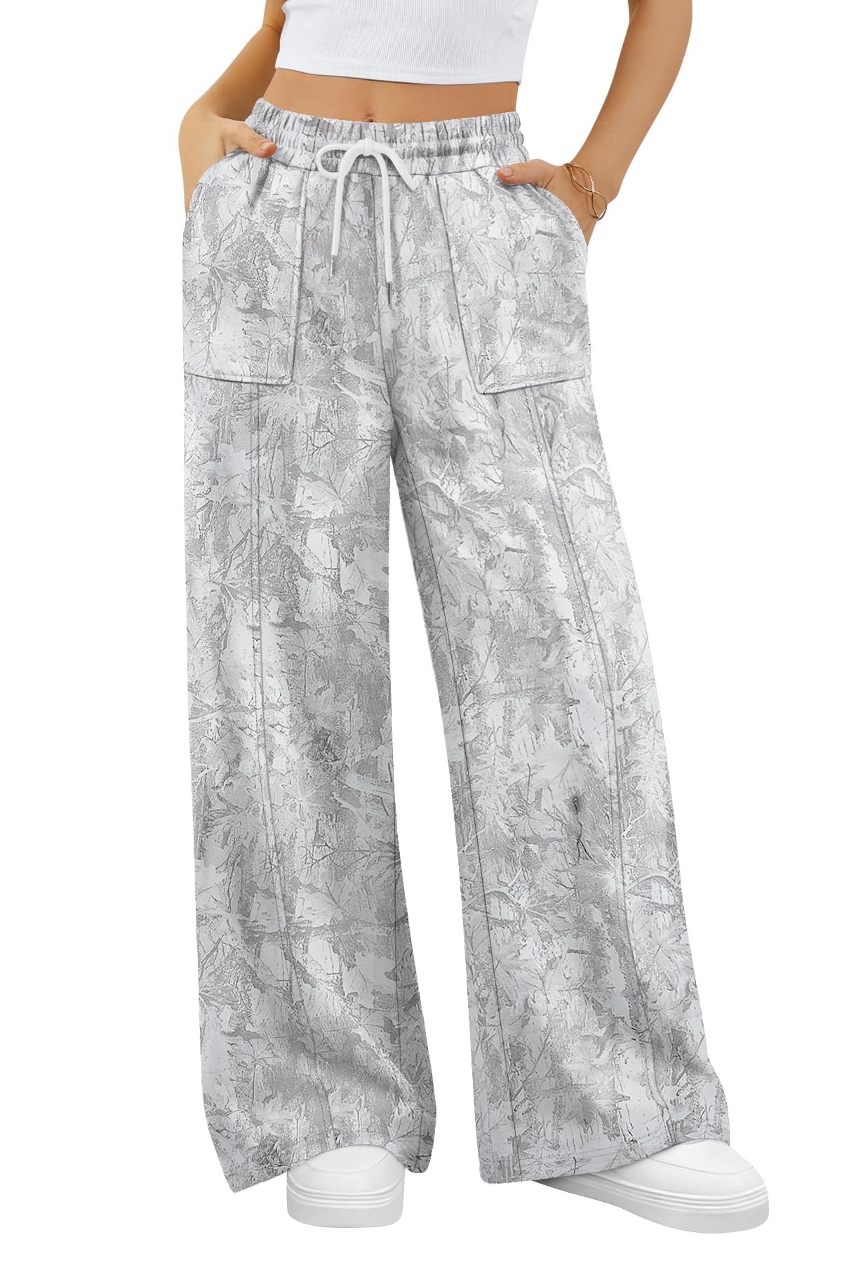 ALIMASHA Women's High Waisted Drawstring Waist Wide Leg Sweatpants with Pockets Casual Loose Yoga Pants Camo Gray M