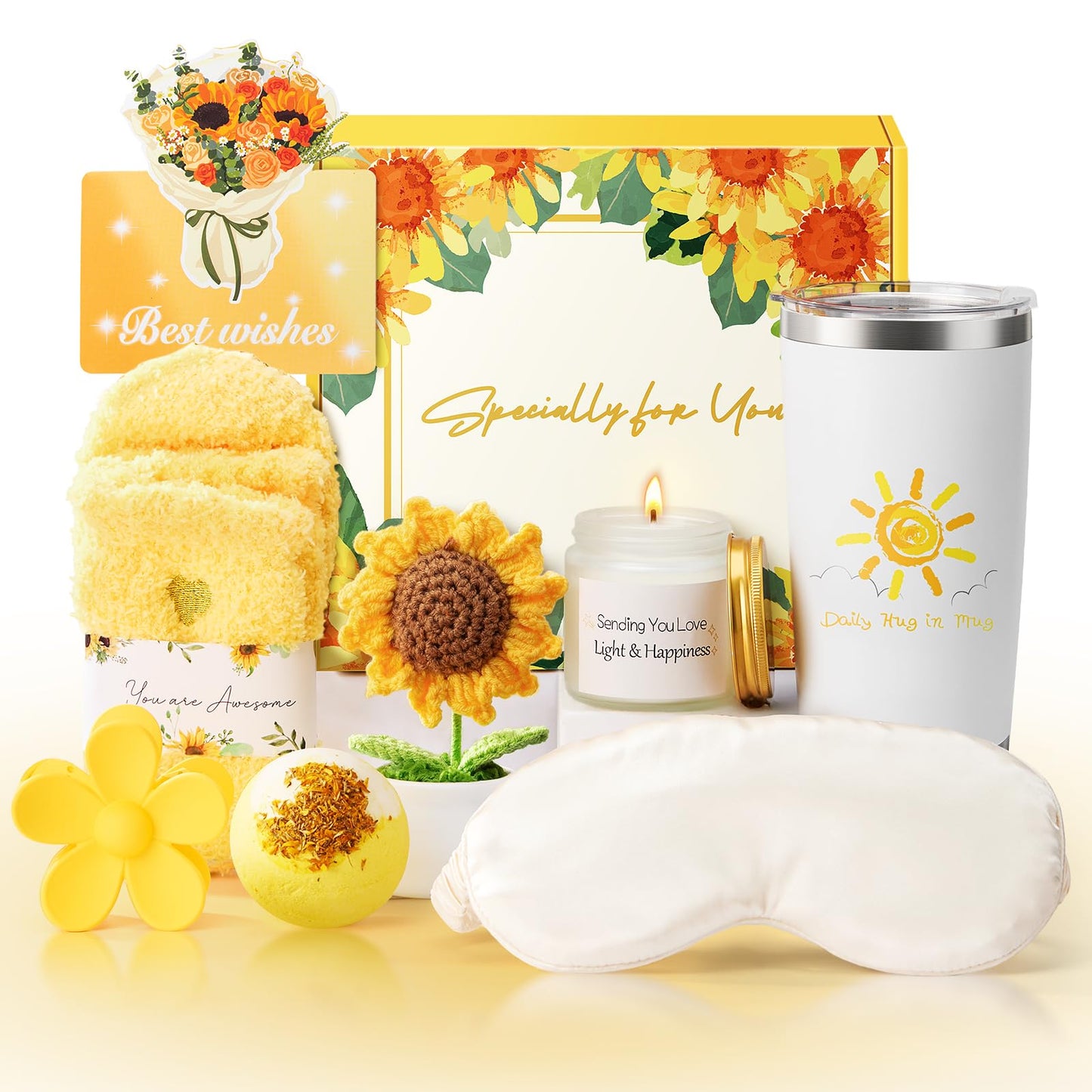 Sunflower Birthday Gifts for Women, 9 Pcs Get Well Soon Gift Baskets, Inspirational Sunflower Self Care Package Thank You Gift with Spa Gift Set, Thinking of You Unique Gifts for Women