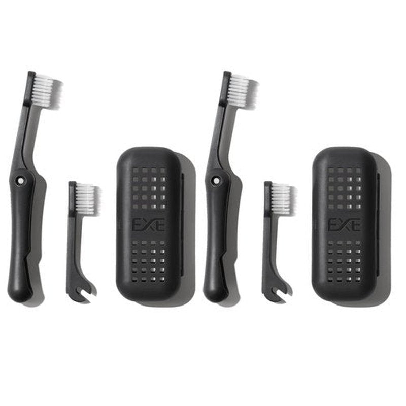 Minibox Folding Travel Toothbrush with Dual-Length Bristles & Case, Compact Mini Design for Business Trips, Camping, and Outdoor Activities, 2 Pack with 2 Extra Replaceable Brush Heads, Black