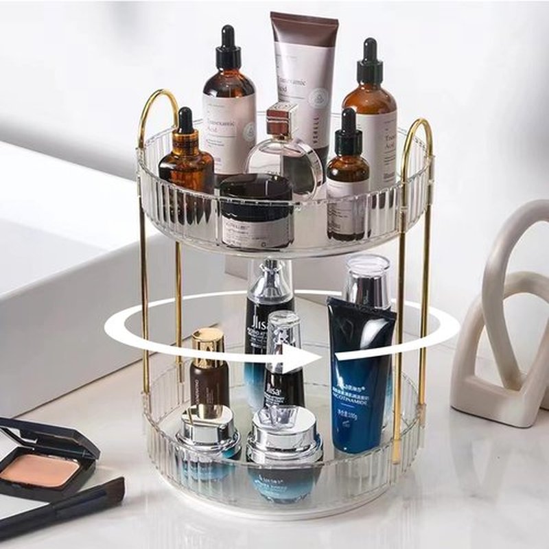 shuang qing Rotating Makeup Organizer for Vanity 2 Tier, High-Capacity Skincare Clear Make Up Storage Perfume Organizers Cosmetic Dresser Organizer Countertop 360 Spinning （Clear）