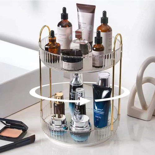 shuang qing Rotating Makeup Organizer for Vanity 2 Tier, High-Capacity Skincare Clear Make Up Storage Perfume Organizers Cosmetic Dresser Organizer Countertop 360 Spinning （Clear）