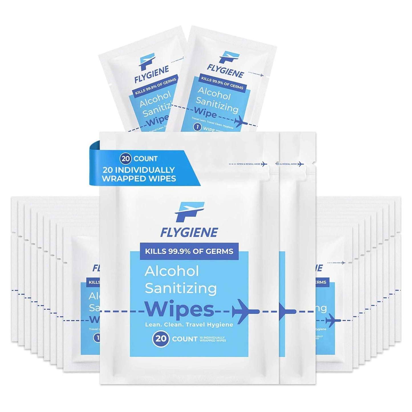 FLYGIENE Individually Wrapped Alcohol Wipes, Travel Essentials (20 Count)