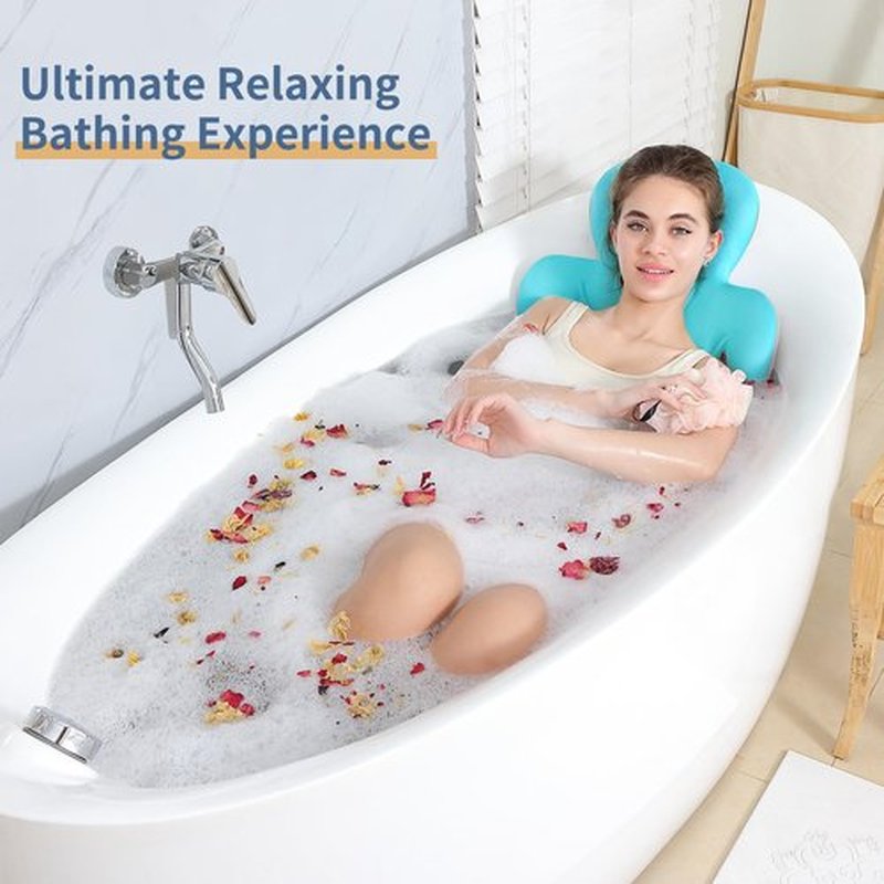 Luxury Bath Cushion, Full Body Bathtub Pillow with 160 Suction Cups, Bath Mat for Head and Neck Support, with Laundry Bag (Blue, 56.2" x 16.2")