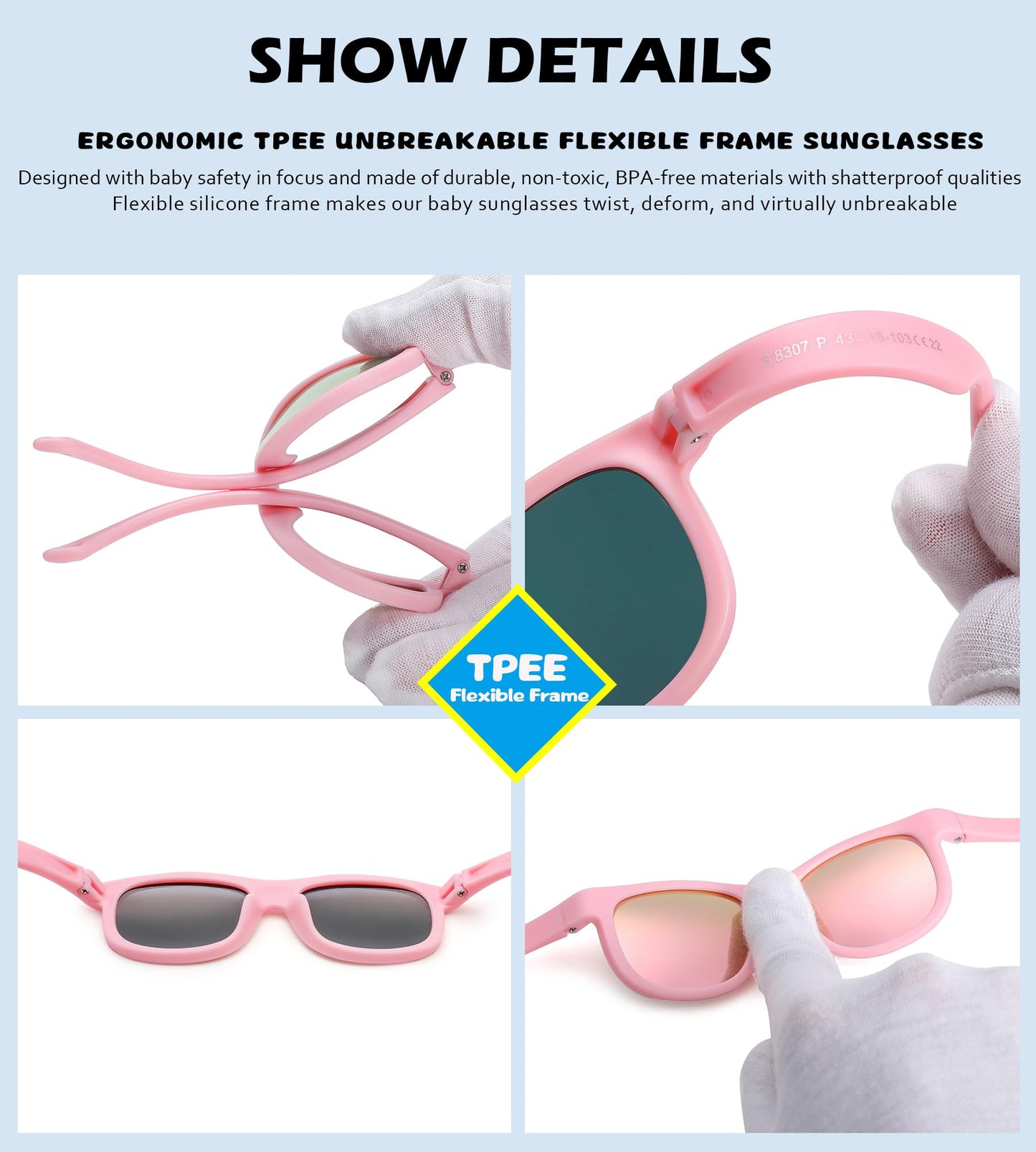NULOOQ Flexible Polarized Baby Sunglasses with Adjustable Strap for Toddler Newborn Infant Age 0-24 Months, 100% UV Protection (Black/Gray + Gray/Gold Mirrored) - 2 Pack