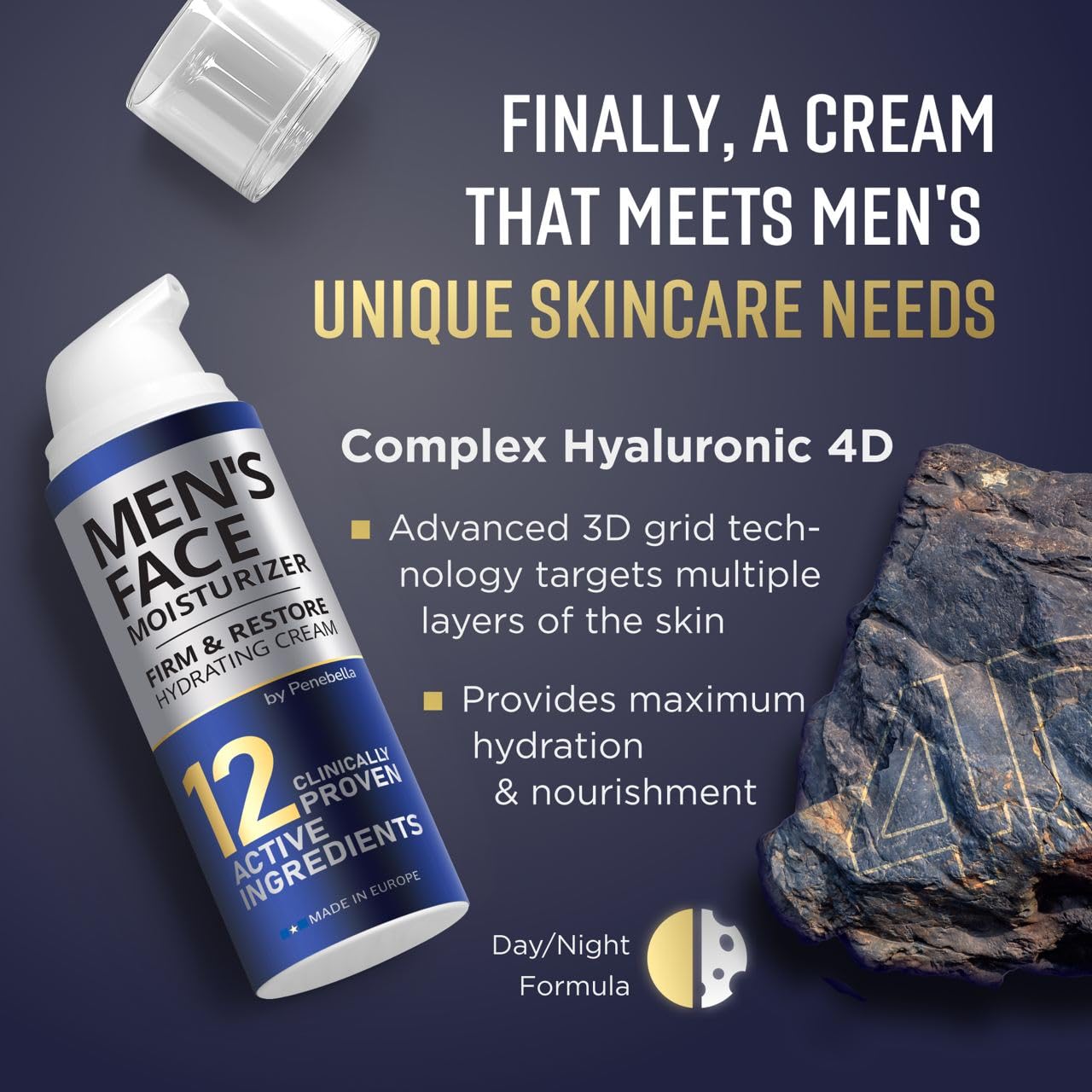 PENEBELLA Mens Face Moisturizer - Deep Hydrating & Anti Aging Mens Lotion | Made in Europe | Vitamin C+E, Elastin, Hyaluronic 4D - Face Cream for Daily Use - Eye, Face & Neck Skin Care