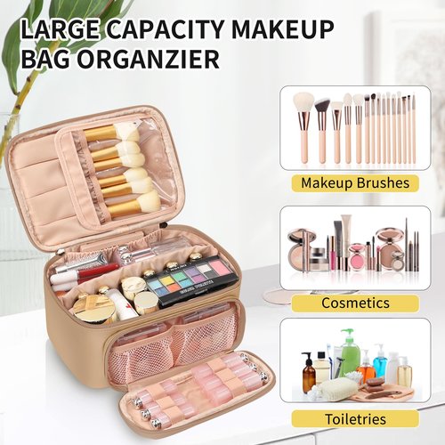 OCHEAL Makeup Bag, Multifunctional Make Up Bags Large Compact Makeup Bag Organizer Cosmetics Toiletry Brushes Storage Case for Women Girls Makeup Case with Handle Divider-Beige Apricot