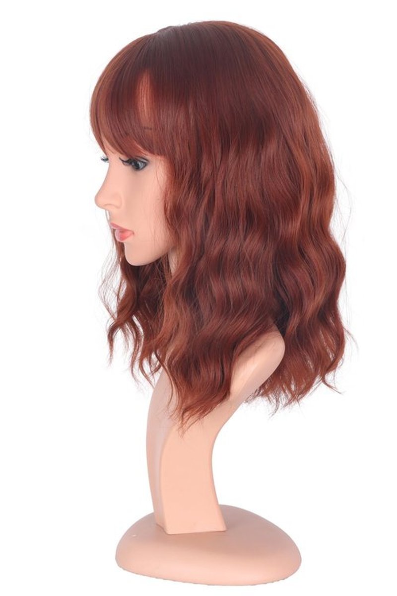 SYMEIW Red Wavy Bob Wig with Bangs Short Wavy Red Color Wigs for Women Bob Style Synthetic Heat Resistant Bob Wigs