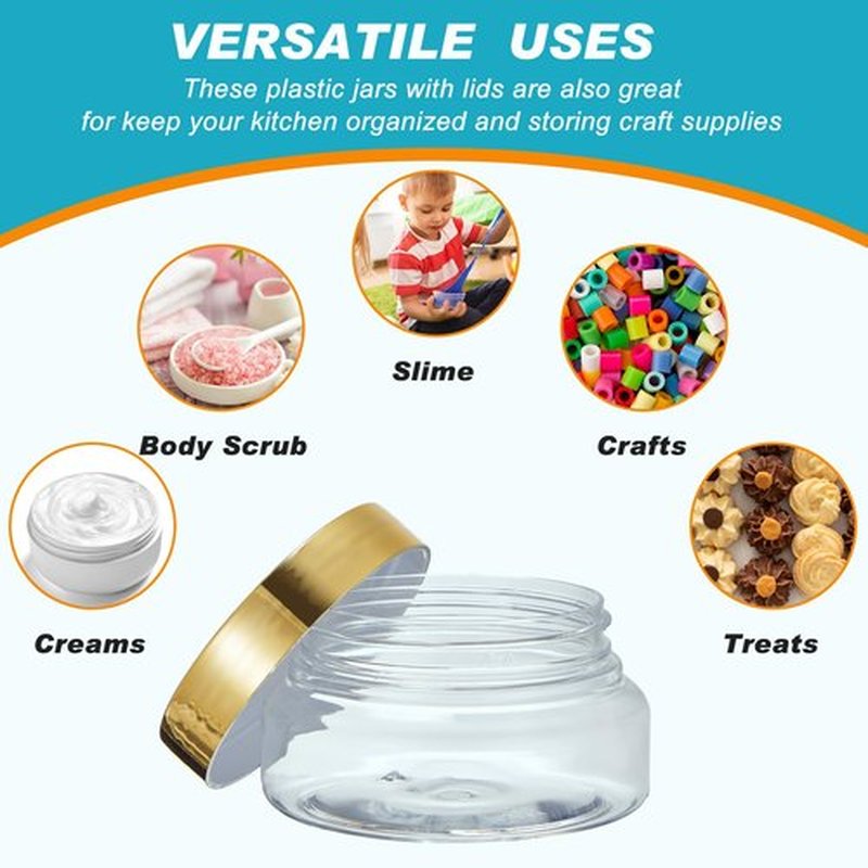 Tessco 24 Pack Plastic Jars with Lids Labels Plastic Containers Round Refillable Cosmetic Containers Empty Body Butter Jars Sugar Scrub Containers for Cosmetics (Gold,5 oz)