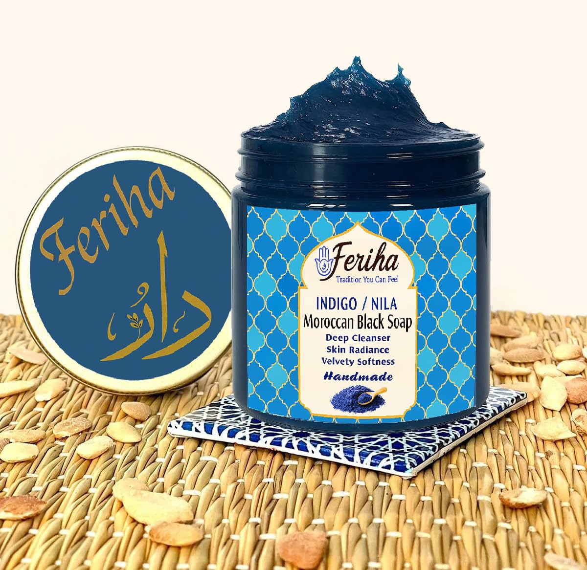 Feriha Moroccan Black Soap, Indigo, Sahara Nila, 100% Natural, Artisan Beldi Soap, Crafted & Packed in Morocco - Traditional Hammam Formula