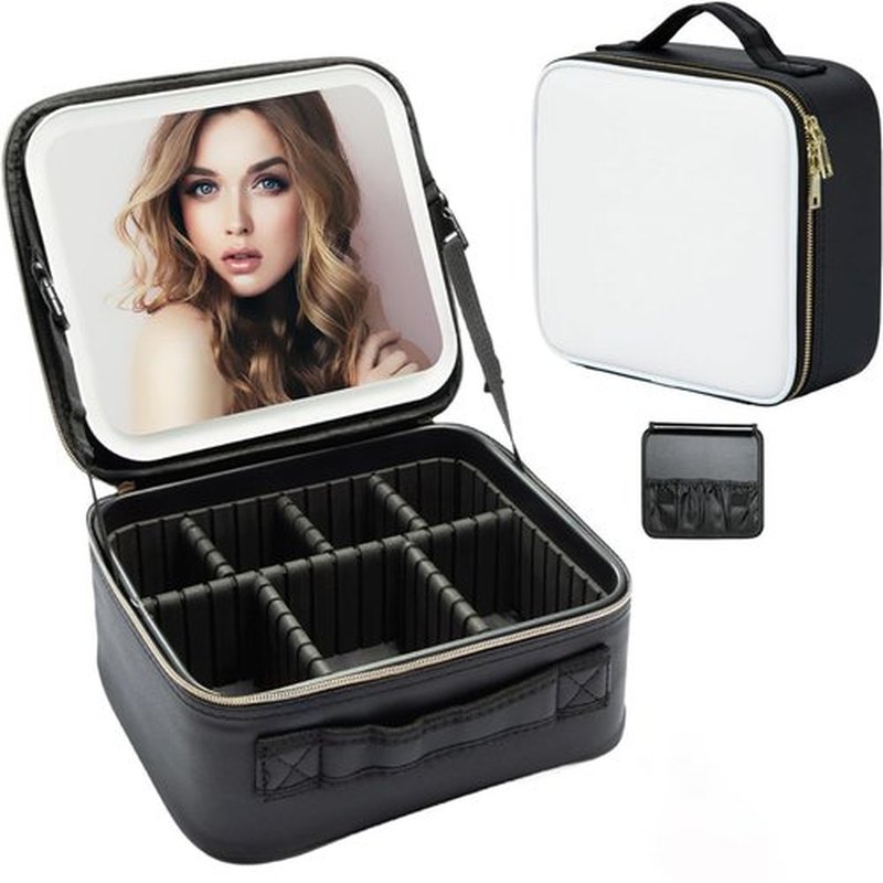 JXAUDEKK Large Capacity Travel Makeup Train Case with LED Mirror,Rechargeable LED Light for Makeup Cosmetic Case with Brushes Storage Organizer,Travel Box Cosmetic Bag for Women (white)