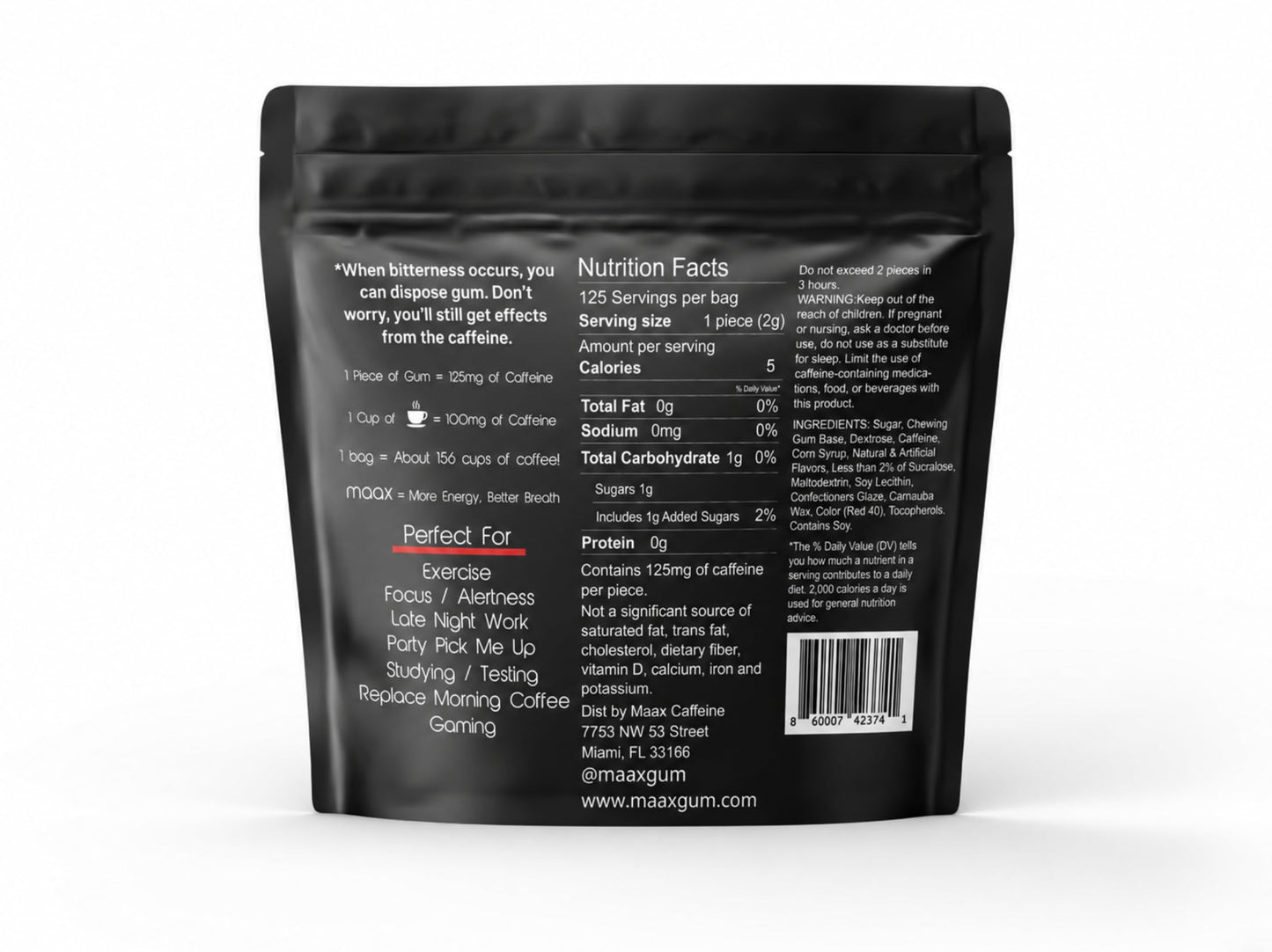 Maax Caffeine Energy Gum | 125mg of caffeine per piece | Cinnamon | 125 total pieces per bag