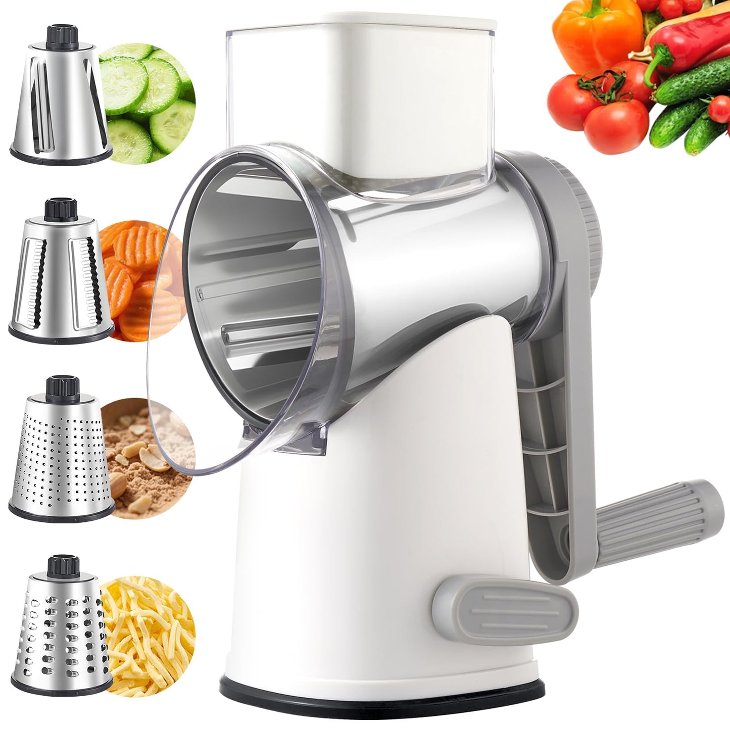 Weltonhm Rotary Cheese Grater with 4 Blades, Hand Crank Cheese Grater with Waffle Slicer, Black and White Cheese Slicer with Suction Base, Easier for Shredding& Grating (White and Grey, 4 Graters)