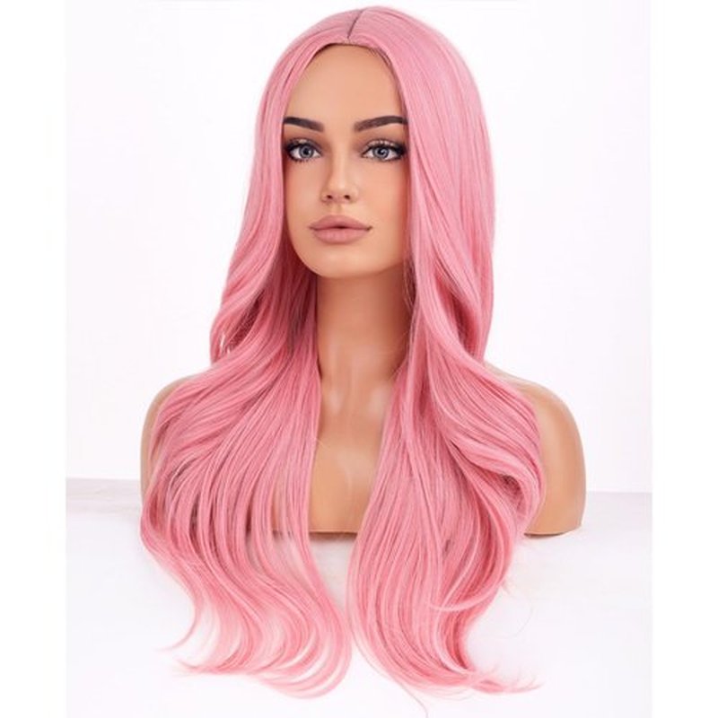 BERON Pink Wigs Long Wavy Wig for Women Natural Curly Pink Colorful Heat Resistant Synthetic Hair Wigs for Cosplay Party Daily or Used