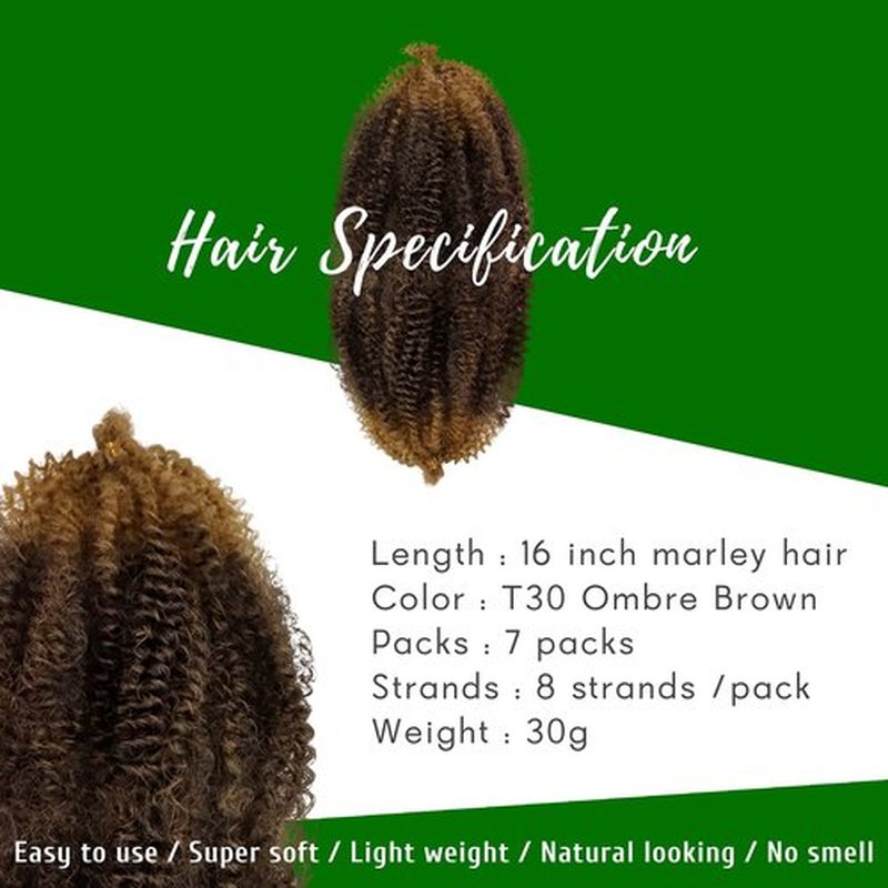 Marley Twist Braiding Hair 16 Inch Springy Afro Twist Hair 7 Packs Pre Fluffed Spring Twist Hair Ombre Brown Kinky Twist Hair Synthetic Curly Braiding Hair Extensions for Women (16 Inch,T30)