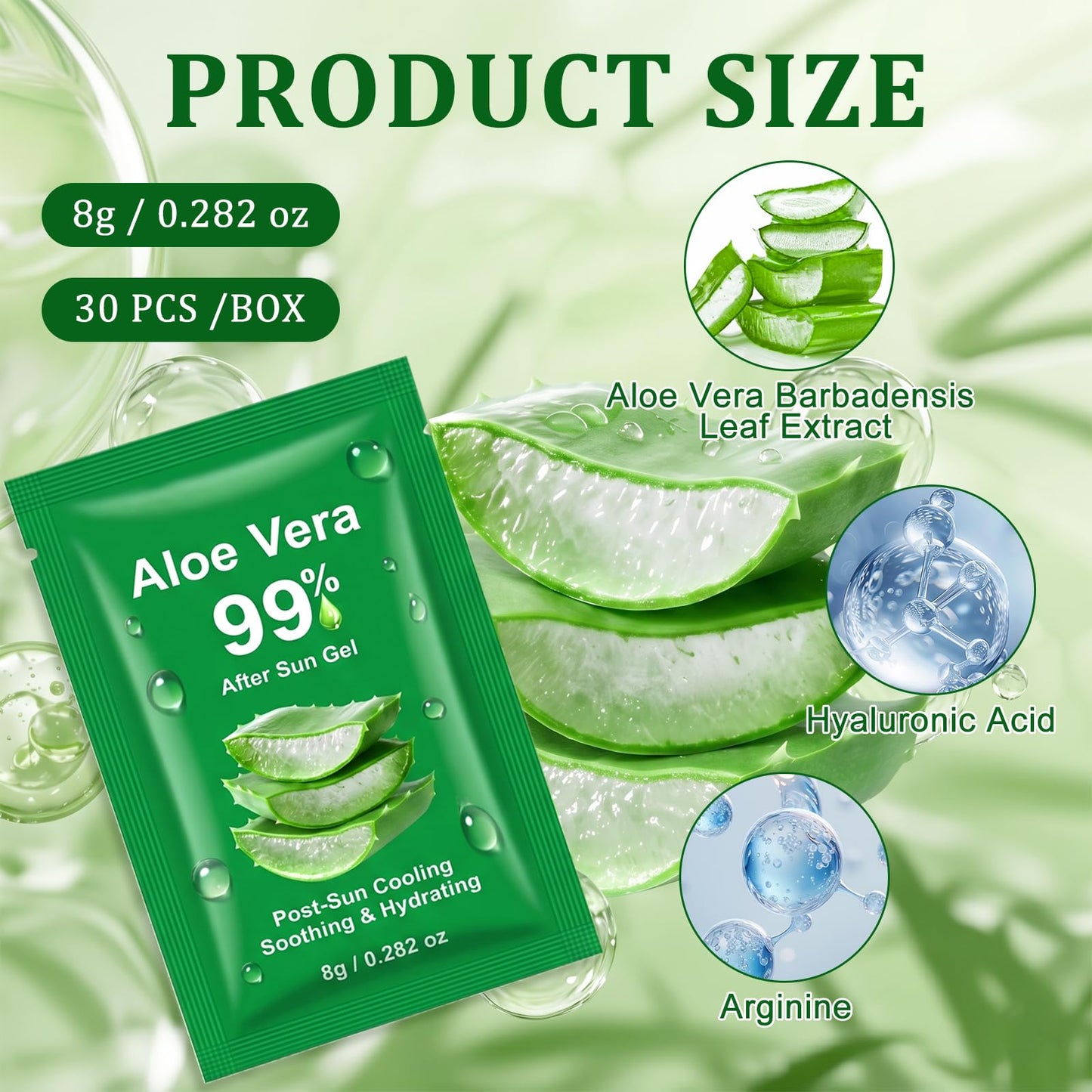 Jutqut 30 Packs Aloe Vera Gel Sachet - 99% Organic Aloe Vera Juice for Face & Body, Deeply Hydrating & Calming, Fast Absorbing, Refreshing Non-Greasy, Sunburn Relief & After-Sun Care