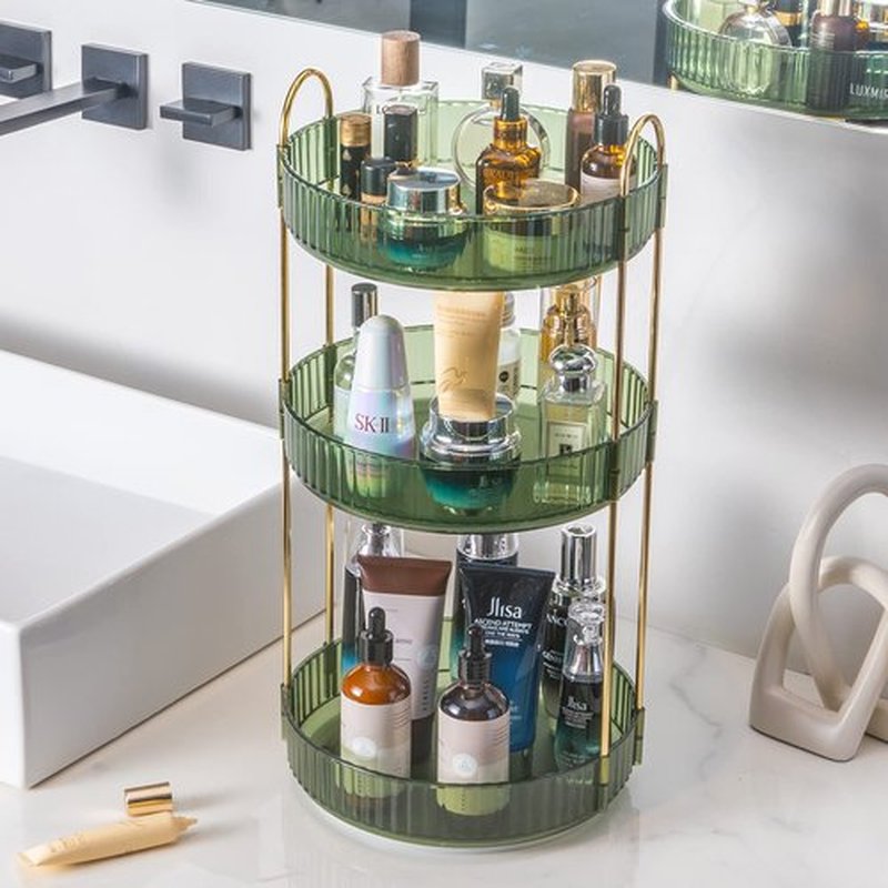 INVSSENE 360° Rotating Makeup Organizer, Bathroom Make Up Spinning Holder Rack, Large Capacity Cosmetics Storage Vanity Shelf Countertop, Fits Cosmetics, Perfume, Skincare(3 Tiers, Green)