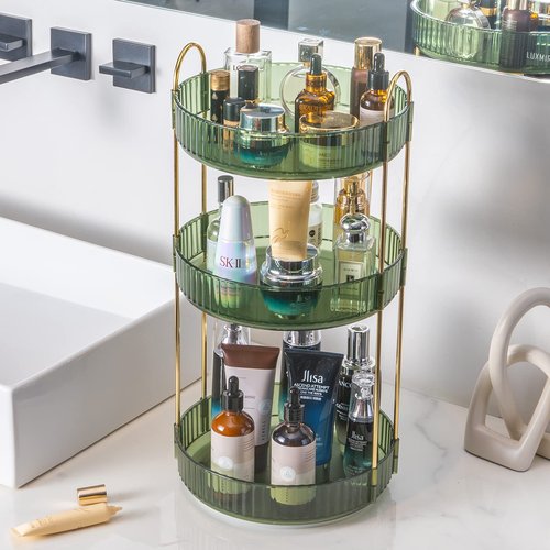 INVSSENE 360° Rotating Makeup Organizer, Bathroom Make Up Spinning Holder Rack, Large Capacity Cosmetics Storage Vanity Shelf Countertop, Fits Cosmetics, Perfume, Skincare(3 Tiers, Green)