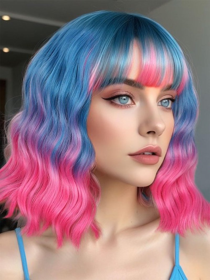 Fancy Hair Pink and Blue Wavy Bob Wig Short Wavy Wig with Bangs Glueless Wear and Go Wig Synthetic Shoulder Length Bob for Girl Women Daily Party Use