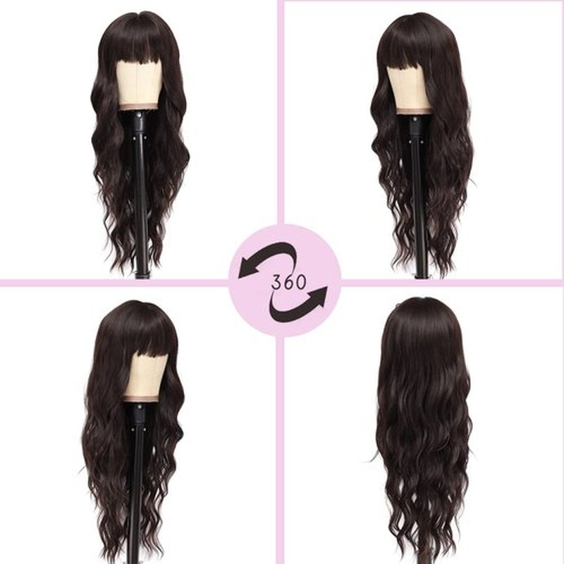 NAYOO Brown Wigs with Bangs for Women Long Curly Wavy Hair Wigs Heat Resistant Synthetic Fiber Wigs for Daily Party Use 26 Inches (Dark Brown)