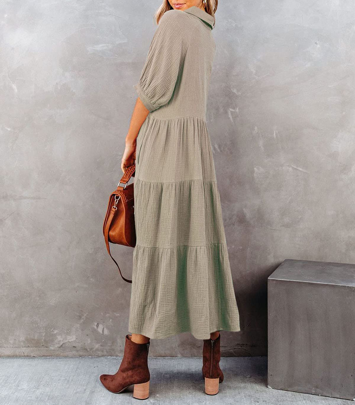 R.Vivimos Women's Summer Cotton Half Sleeves Button Down Casual Loose Slit Midi Dress with Pockets (Small, Khaki)