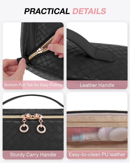 BAGSMART Makeup Bag Cosmetic Bag, Travel Makeup Bag, PU leather Makeup Bags for Women Portable Water-resistent Pouch Open Flat Make Up Organizer Bag for Toiletries, Brushes, Leather Black
