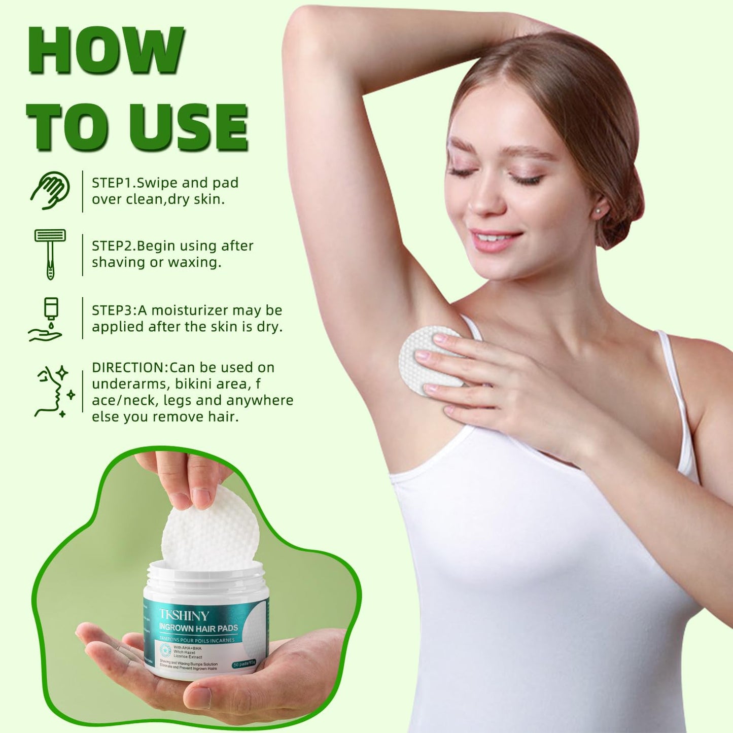 TKSHINY Ingrown Treatment Hair Pads, with AHA+BHA, Ingrown Hair Wipes For Bikini Area, Razor Bumps, Underarm , Exfoliate Skin,Ingrown Hair Serum for Face, Neck, 50 Pads