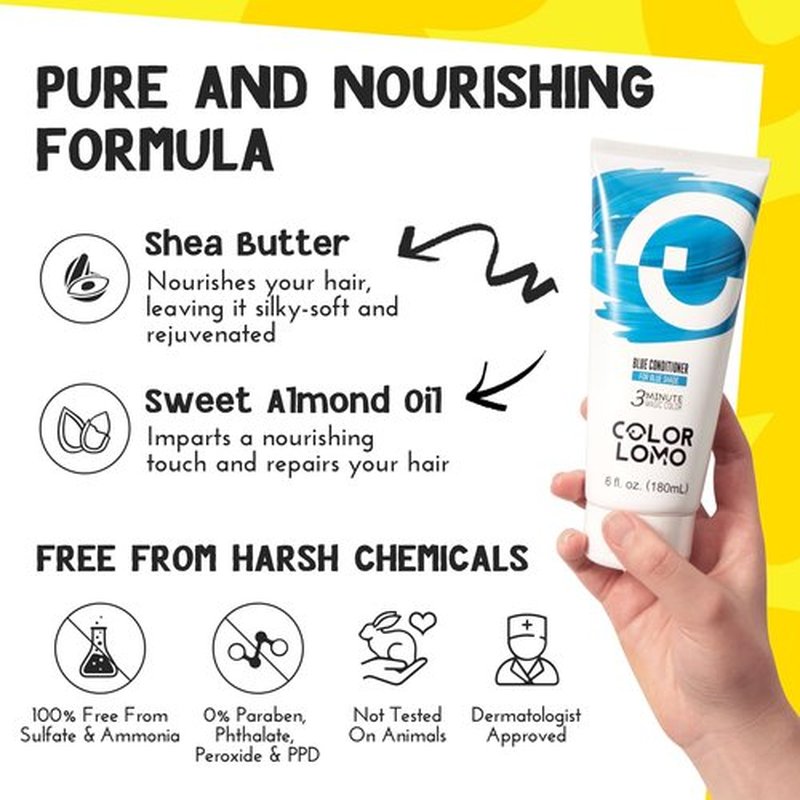 COLORLOMO Color Depositing Conditioner - 6 oz Semi Permanent Hair Color with Shea Butter & Almond Oil- Color Conditioner Depositing Hair Mask - Vegan, Paraben, Ammonia & Sulfate Free - Blue