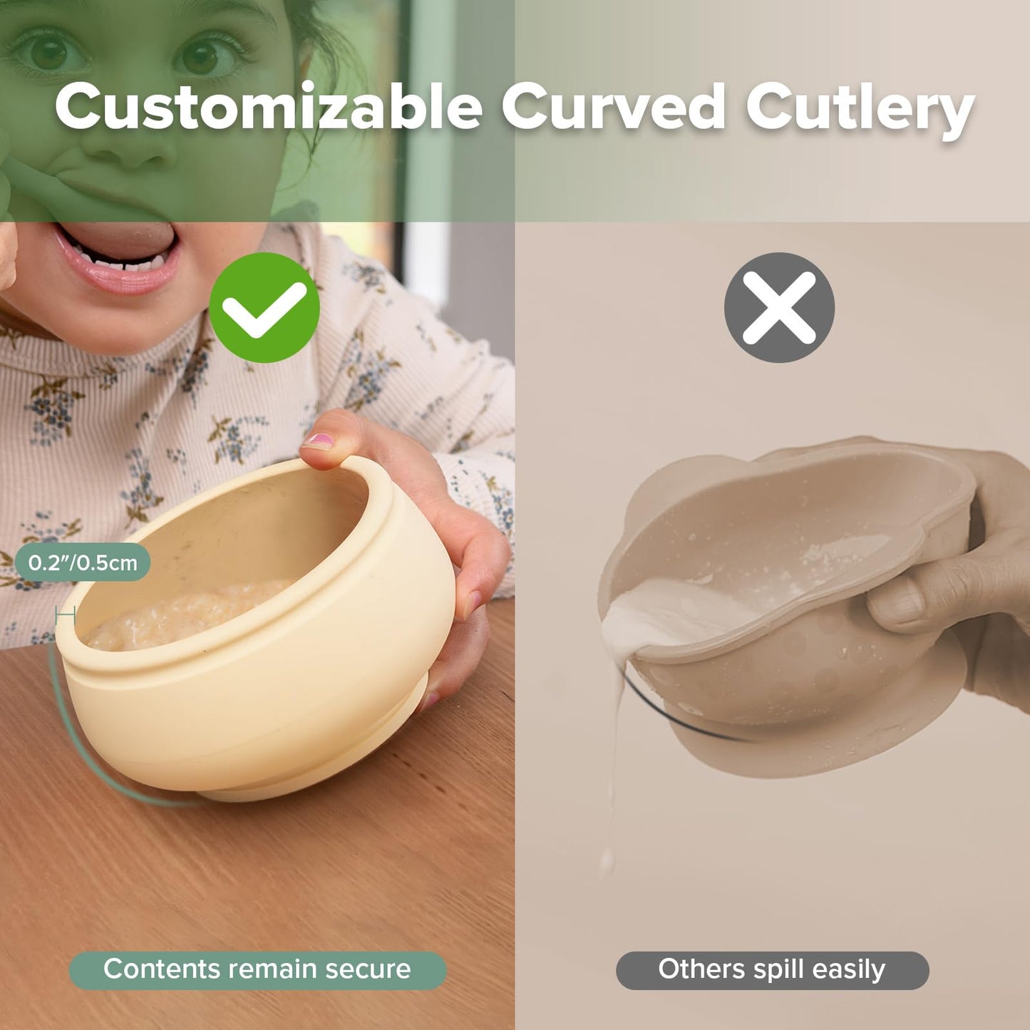 haakaa Silicone Mushroom Bowl & Bendy Cutlery Set – Baby Bowls with Suction & Spillproof Lid, Baby Spoons & Forks for Self Feeding, BPA-Free - Walnut