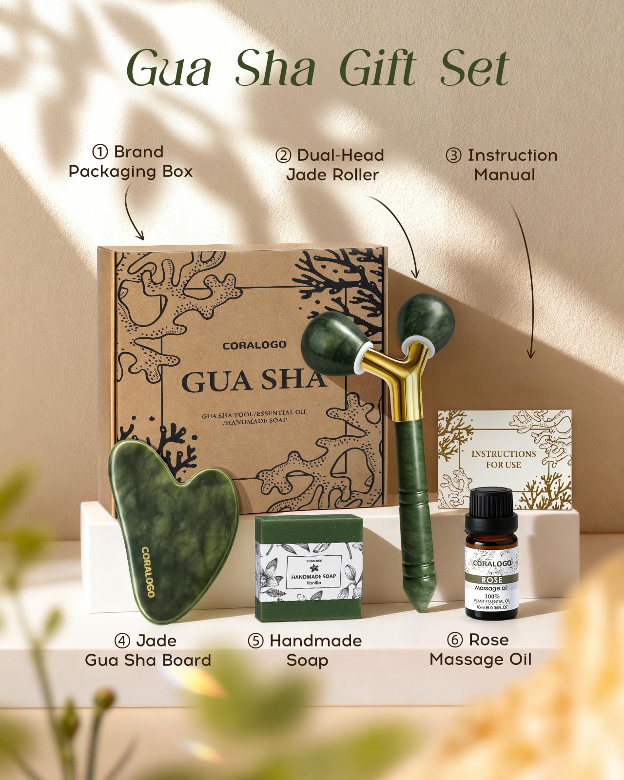 Coralogo Jade Gua Sha Facial Tools - 4pc Face Massager Tools Set with Gua Sha Facial Oil, Soap, Jade Roller for Puffiness Lymphatic Drainage, Self Care Gift for Her Birthday Mother's Day