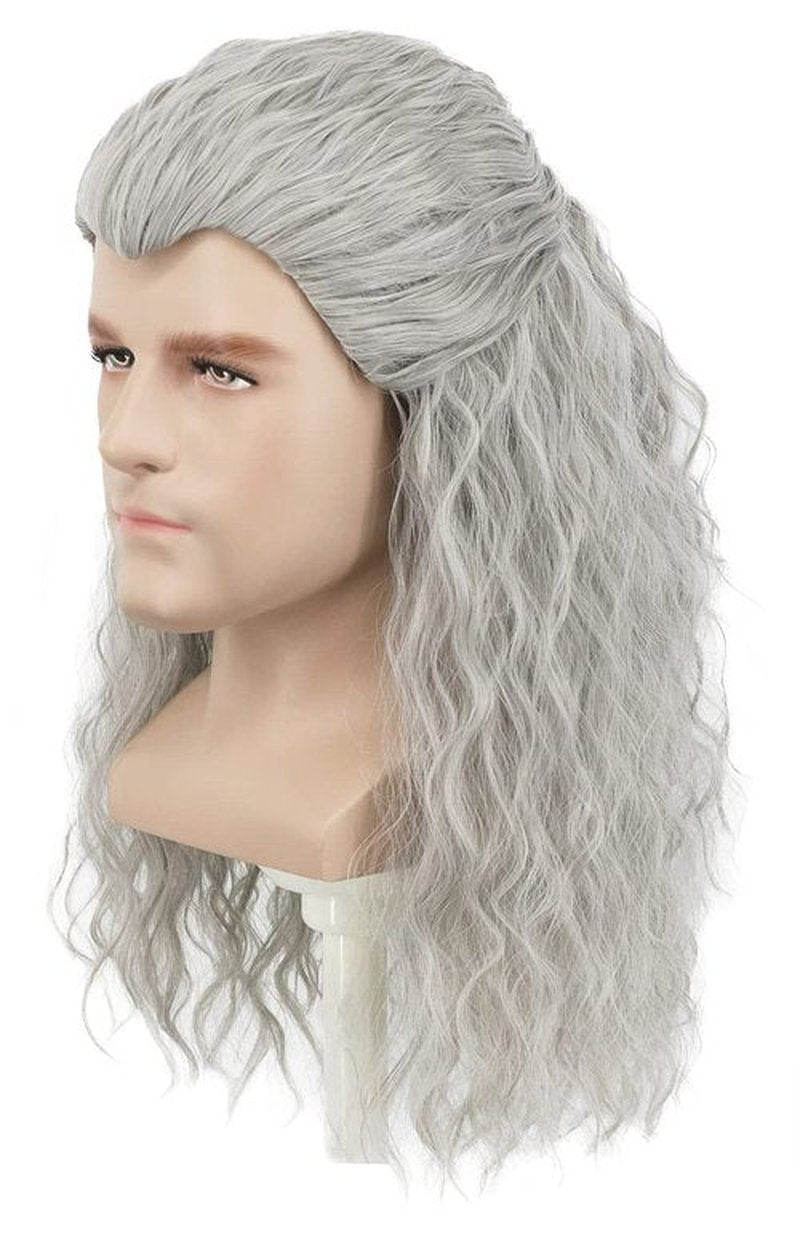 yuehong Men Long Gray Wavy Cosplay Wig Halloween Curly Hair Party Wig Heat Resistant Anime Wigs