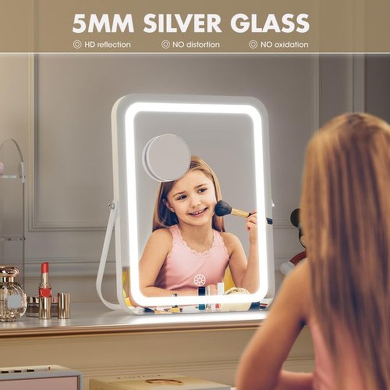 Hasipu Vanity Mirror with Lights, 11" x 14" LED Makeup Mirror, 3 Modes Light, Smart Touch Control Dimmable, 360°Rotation, Rectangle White Frame, with 5X Magnifying Glass