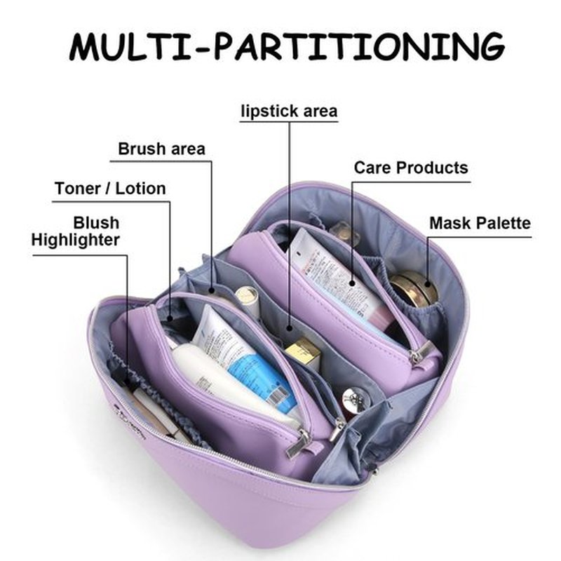 Travel Makeup Bags Cosmetic Organizer Bag: 3-Set Large Capacity Make up Bag - PU Leather Toiletry Bag for Women - Wide Open Portable Pouch with Divider & Handle (09-lilac)