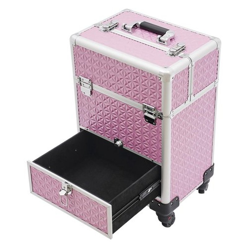 Rolling Nail Case Wheeled Manicure Storage Case, Professional Cosmetology Case, Large Cosmetic Trolley Travelling Cart Trunk with Locks and Drawers, Makeup Case with 4 Universal Wheels (Pink)
