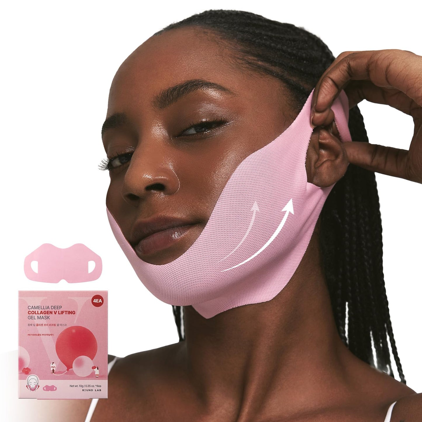 ROUND LAB Camellia Deep Collagen V Lifting Gel Mask 4ea | Double-chin Turkey Neck Instant Face Lifting Mask, Cooling and Depuffing Face Toning Belt, Firming Sagging Skin, Korean Skin Care, 10g/0.35oz