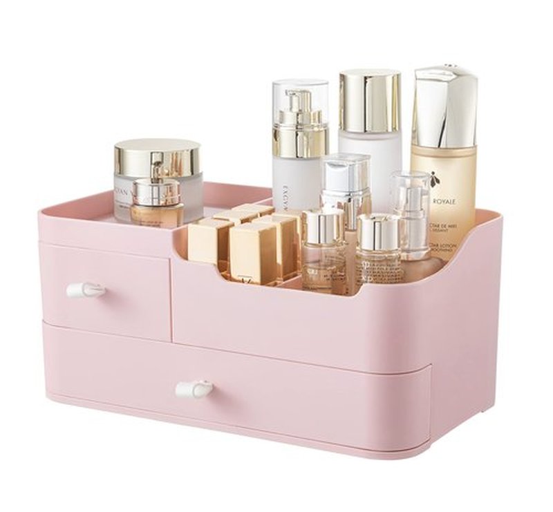 HBlife Plastic Makeup Organizer for Vanity with 2 Drawers Large Skincare Organizers 8 Compartments Bathroom Organizer Cosmetic Storage, Pink