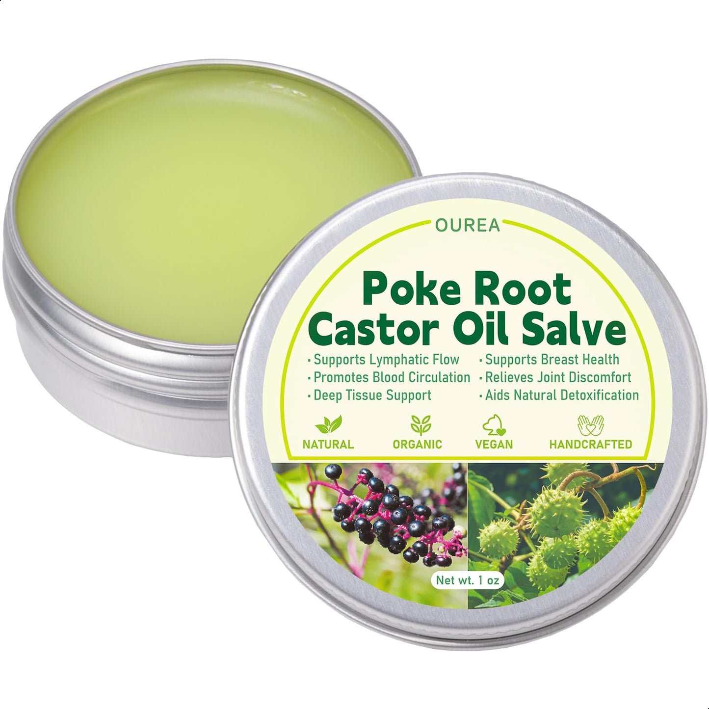 Poke Root Castor Oil Salve, Organic Lymphatic Support Massage Balm, Deep Tissue Ointment for Cyst, Boils, Breast, Fibroids, Swollen Lymph Nodes & Joint, Natural, Vegan - 1 Oz