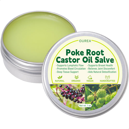 Poke Root Castor Oil Salve, Organic Lymphatic Support Massage Balm, Deep Tissue Ointment for Cyst, Boils, Breast, Fibroids, Swollen Lymph Nodes & Joint, Natural, Vegan - 1 Oz