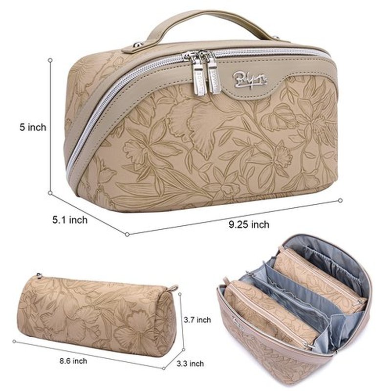 Travel Makeup Bags Cosmetic Organizer Bag: 3-Set Large Capacity Make up Bag - PU Leather Toiletry Bag for Women - Wide Open Portable Pouch with Divider & Handle (02-Light Brown)