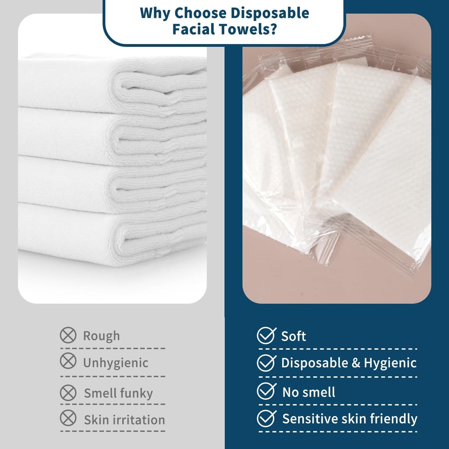 Individual Wrapped Disposable Face Towel - RAQEHO 50PCS (25 PK) Clean Dry Wipes Lint Free Face Towelettes Facial Washcloths Salon Makeup Cleansing Towels for Travel Camping Facial Make up Removal