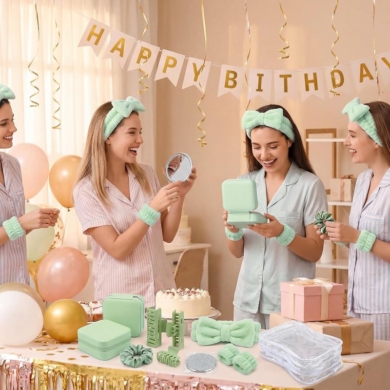 Suncalla 48 Pcs Spa Party Favors | Bridesmaid Proposal Gifts & Sleepover Supplies - Green Headbands, Scrunchies, Jewelry Case, Makeup Bag & Mirror