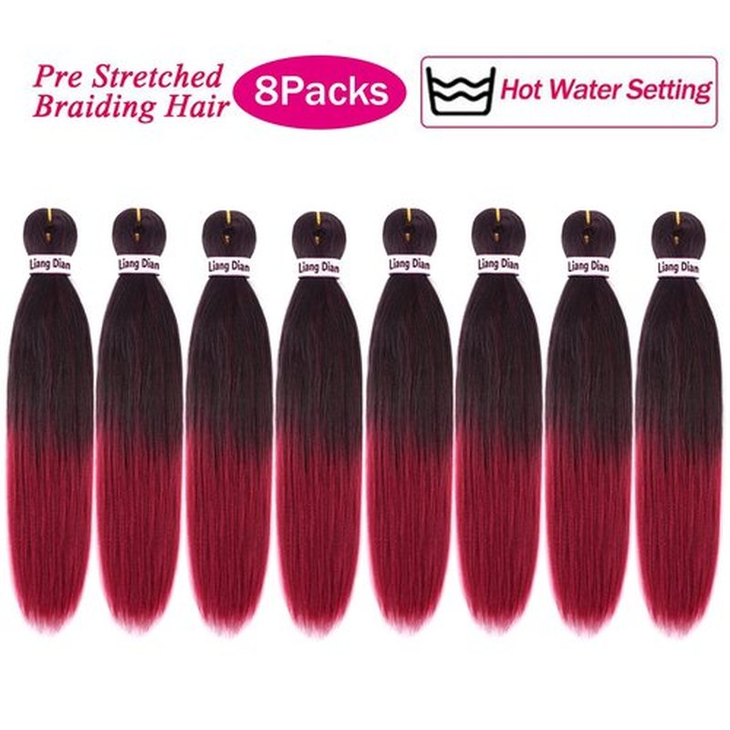 Liang Dian Pre-Stretched Braiding Hair 22 Inch 8 Packs Hot Water Setting Synthetic Hair Crochet Braiding Hair Extension (Ombre Wine Red)