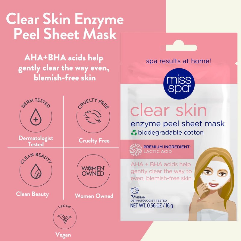 MISS SPA Face Mask Skin Care, Clear Skin Enzyme for Women, Exfoliating Sheet Mask for Acne, Blemish Free Skin, Biodegradable Cotton Sheet Mask, Dermatologist Tested, 4 Pack