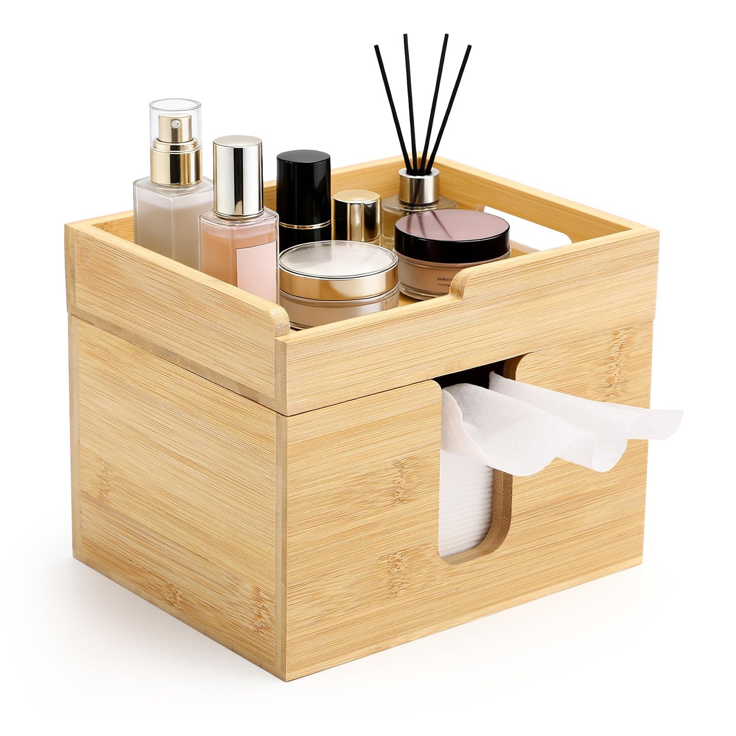 InnJoey Bamboo Face Towel Holder with 120 XL Towels - Open-Top Skincare Organizer for Facial Cleansing Wipes & Beauty Essentials - Bathroom Countertop Vanity Organizer