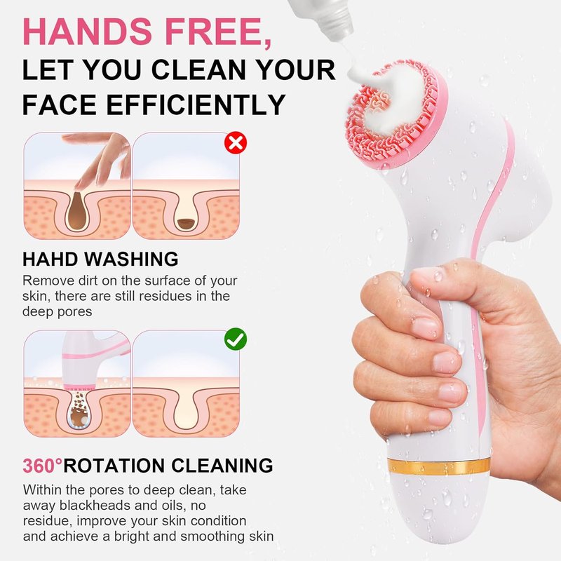 Electric Facial Cleansing Brush - 3-in-1 Waterproof Scrubber with 3 Brush Heads for All Skin Types | Rechargeable & Pink