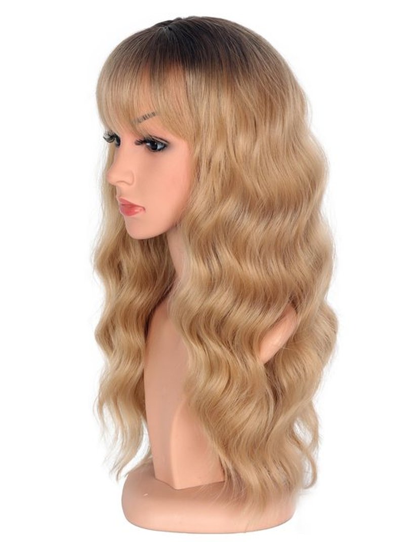 SYMEIW Medium Long Blonde Wavy Wigs For Women Synthetic Full Hair Blonde Wigs With Bangs For Daily Use (Blonde)