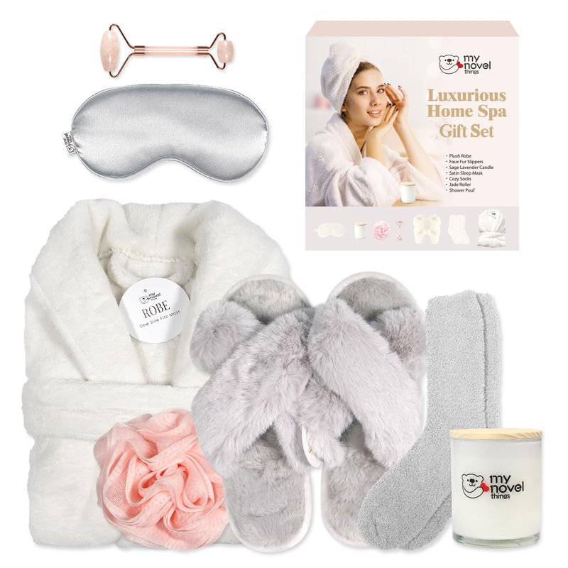 my novel things Birthday Gifts for Women,Spa Robe and Slippers Set, Bathrobe With Satin Sleep Mask, Scented Candle Self Care 7 Pack Suitable for Christmas Thanksgiven Day New Mom Gift