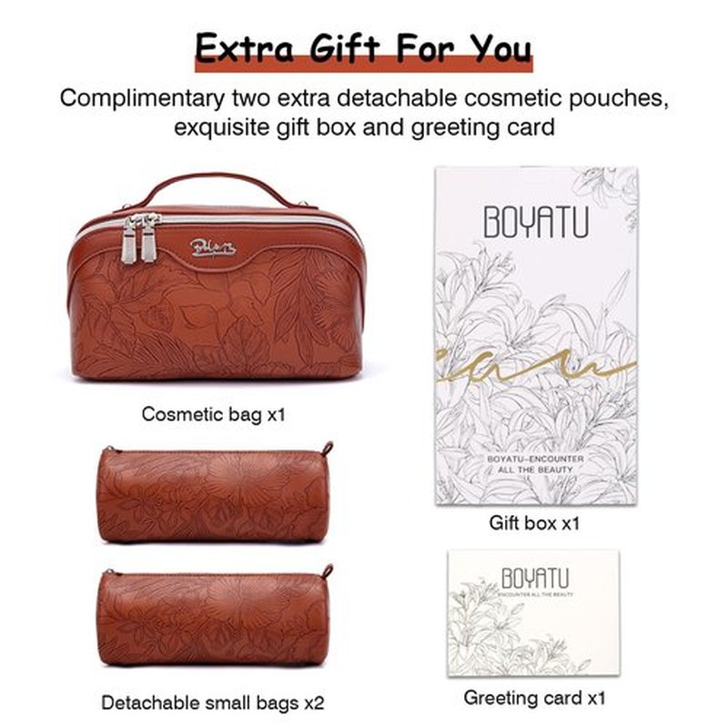 Travel Makeup Bags Cosmetic Organizer Bag: 3-Set Large Capacity Make up Bag - PU Leather Toiletry Bag for Women - Wide Open Portable Pouch with Divider & Handle (02-Dark Brown)