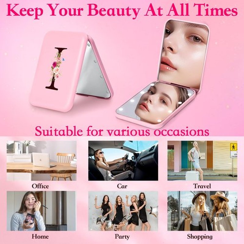 KEWWADB Travel Mirror with Lights, Initials Portable Compact Mirror, Travel Essentials, Suitable for Teen Girls, Young Women Gifts Ideas, Birthdays Gifts(Pink) (I)
