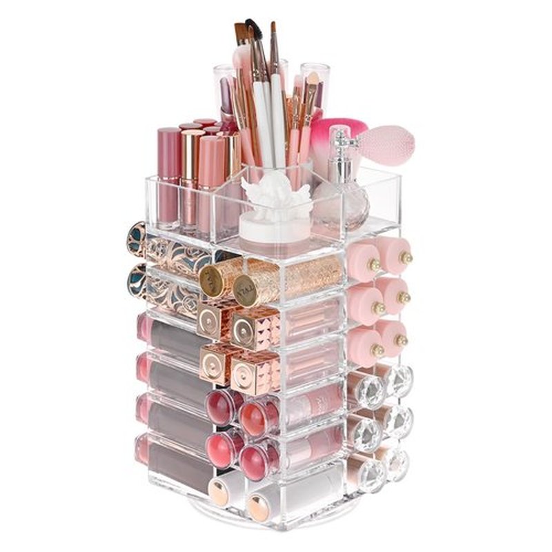 Ikee Design Lipstick Organizer with 53 Slots 360 Degree Rotating Spinning Makeup Organizer, Acrylic Lip Gloss Organizer for Lipsticks, Brushes, Cosmetic Storage Display, Bathroom, Vanity, Countertop