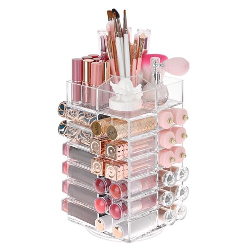 Ikee Design Lipstick Organizer with 53 Slots 360 Degree Rotating Spinning Makeup Organizer, Acrylic Lip Gloss Organizer for Lipsticks, Brushes, Cosmetic Storage Display, Bathroom, Vanity, Countertop